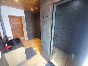 a bathroom with a shower and a sink at CdR Casa do Rei in Lajes das Flores