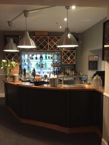 eine Küche mit einer Bar mit drei Hängelampen in der Unterkunft Trefloyne Manor in Tenby
