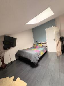 a bedroom with a bed and a flat screen tv at Villa 4 personnes avec jardinet résidence Le Scarlett in Palavas-les-Flots