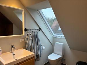 a bathroom with a sink and a toilet and a window at Tante Jannis Sommerpension in Bogense