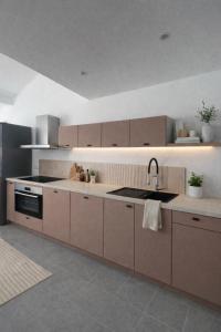 a kitchen with brown cabinets and a sink at Trianon Location in Bagnols-en-Forêt