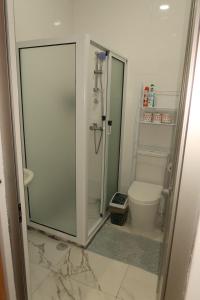 a bathroom with a shower and a toilet at Guest House RosAmado in São Filipe +16 photos