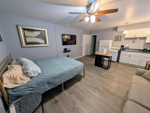 a living room with a bed and a kitchen at Spacious Studio near Brady St in Milwaukee