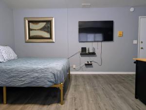 a bedroom with a bed and a flat screen tv at Spacious Studio near Brady St in Milwaukee