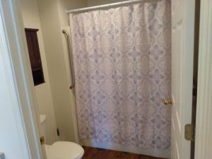 a bathroom with a shower curtain and a toilet at Chelan Valley Inn in Manson