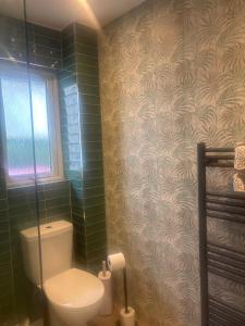 a bathroom with a toilet and a green tiled wall at Linmore in Aviemore +64 photos