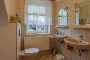 a bathroom with a toilet and two sinks and a window at Ferienwohnung Reichel in Remptendorf