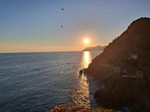 a sunset over the ocean with people in the water at CaTorre 14 in Riomaggiore