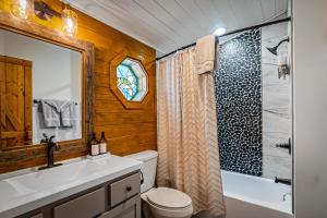 a bathroom with a toilet and a sink and a shower at Freedom Creek Hideaway-Veteran Host-Pet Friendly-Single nights-Newly Renovated!! in Pigeon Forge