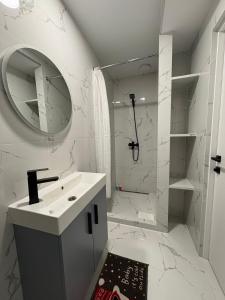 a bathroom with a sink and a shower and a mirror at ERA Studios Chisinau in Chişinău +49 photos