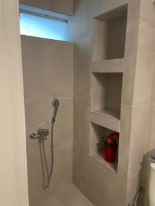a bathroom with a shower with a shower head at Sophia's studio in Saronida