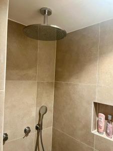 a bathroom with a shower with a ceiling at Private attic room with workspace & water view in Haarlem +3 photos