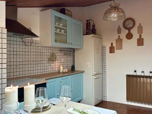 a kitchen with blue cabinets and a white refrigerator at Saleto Apartma in Jagodje