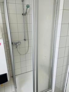 a shower with a glass door in a bathroom at Monteur Apartment Lingen Zentrum in Lingen