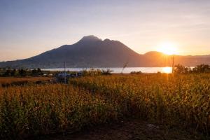 a sunset over a field with a mountain in the background at Minkay-Lodge in Otavalo