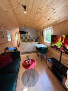a living room with a couch and a tv in a cabin at Pipowagen aan het Wandelpad in Lanaken