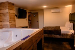 a bathroom with a large tub and a bed at Hotel Green Gold in Bucaramanga