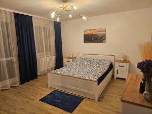 a bedroom with a bed and two windows at Szybowcowa View Apartment in Jelenia Góra