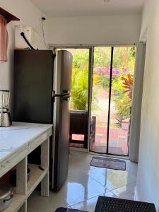 eine Küche mit Kühlschrank und Glasschiebetür in der Unterkunft Meridiana in Las Terrenas