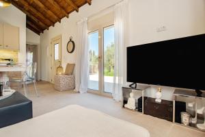 a living room with a large flat screen tv at Petit Palace in Lefkimmi