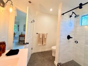 a bathroom with a shower and a toilet at Charming Private Cottage in Ojai in Ojai +14 photos