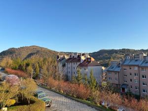 a city with houses and a hill in the background at Apartament Babie Lato in Szczawnica