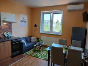 a kitchen and living room with a couch and a table at Apartments Orange in Uherské Hradiště