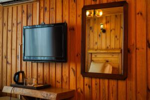 a television on a wooden wall with a mirror at Denizci Hotel in Sinop