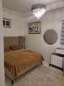 a bedroom with a bed and a mirror and a chandelier at Maison du Bonheur in Ariana