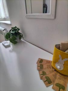 a white counter with a plant and a yellow vase at La Casina di Nonna Altea in Massa