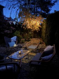 a group of chairs and a table in a yard at Trio Apartments in Ostrava