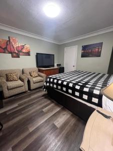 a bedroom with a bed and a couch and a tv at Tulip Motel in Woodstock