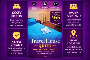 a flyer for a travel house with a blue bed at Travel Hotel Quito in Quito