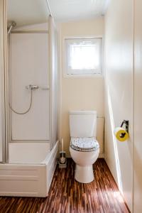 a bathroom with a toilet and a walk in shower at Relax Camping Seewirt in Feldkirchen in Kärnten