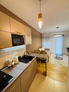 a kitchen and a living room with a table at Apartman Merry Lux in Vrnjačka Banja