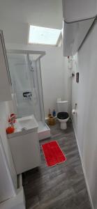 a small bathroom with a toilet and a red rug at Appartement Pierre in Mers-les-Bains