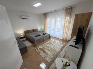 a bedroom with a bed and a television in it at Fifteenapartman in Balatonföldvár