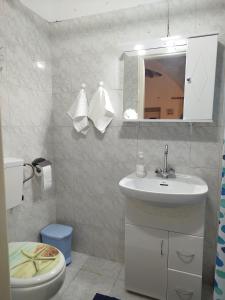 a bathroom with a sink and a toilet and a mirror at Almyra traditional residence in Andros