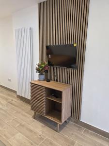 a room with a tv on a wall with a wooden cabinet at Holyport Studio flat in Bray