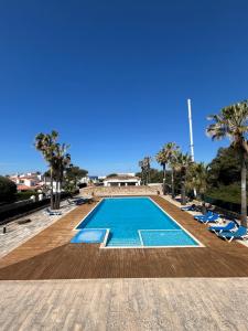 a swimming pool with lounge chairs and palm trees at Apartamentos QEli in Son Carrio