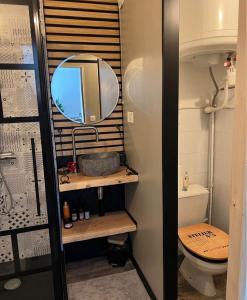 a bathroom with a mirror and a sink and a toilet at Vacances in Cavalaire-sur-Mer