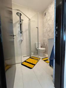 a bathroom with a shower and a toilet at Cozy Beachfront 2BR in Rabat - Central & Secure in Rabat +24 photos