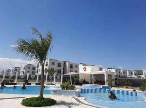 a resort swimming pool with a palm tree and buildings at The Spring Collection in Tatu City