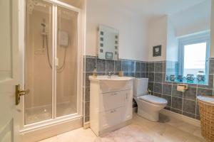 a bathroom with a shower and a sink and a toilet at Llwyn-Y-Coed-Isaf in Llanbedr-y-cennin +23 photos