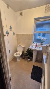 a bathroom with a toilet and a sink and a window at The ultimate group stay in Catford
