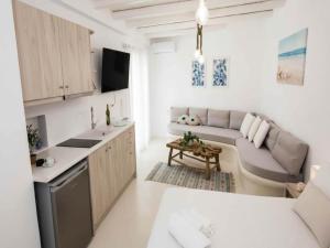 a kitchen and living room with a couch in a room at Suite with Jacuzzi & Sea View in Mikonos