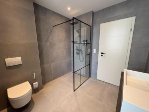 a bathroom with a shower stall and a toilet at Bielefeld Grand Central Residence in Bielefeld +40 photos
