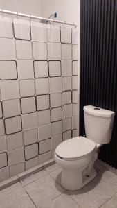 a bathroom with a white toilet and a black shower at Habitaciones el titis in Aguascalientes