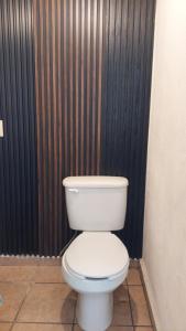 a white toilet in a bathroom with a black wall at Habitaciones el titis in Aguascalientes