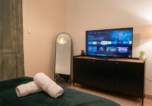 a bedroom with a flat screen tv on a dresser at Duplex Lindor élégant - 2 chambres jusqu'à 4 personnes - Parking gratuit in Angoulême